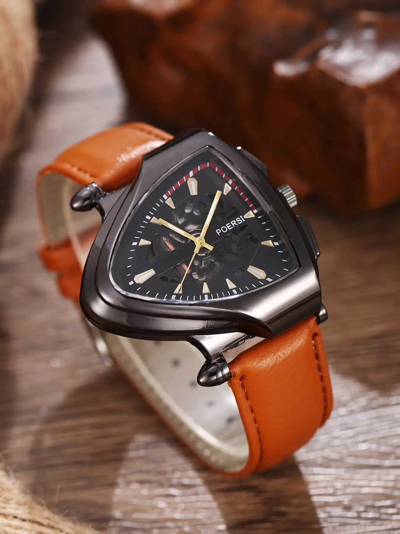Trendy Hollow Triangle Mechanical Watch, Retro PU Leather Strap, Casual Men's Wristwatch, Perfect Gift for All Occasions