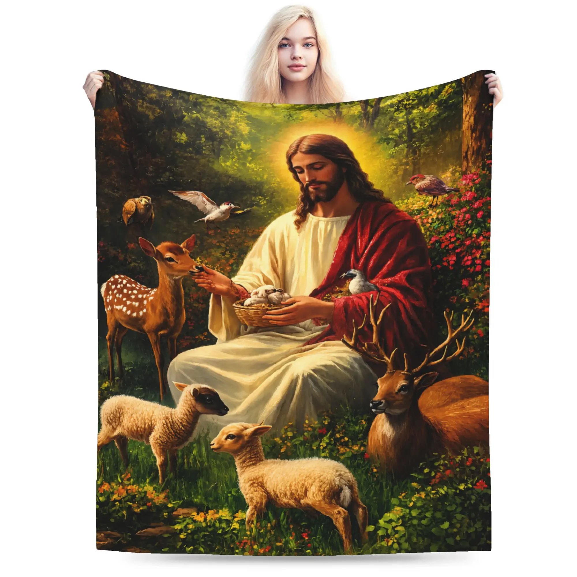 Jesus Inspired Flannel Blanket, Portable Soft Warm Lightweight Christian Throw Blanket, Cozy Flannel Blanket for Sofa Bed Travel Camping, Digital Print Aesthetic Home Decor Gift for Prayer Room Bedroom Living Room, Religious Gift for Family & Friends