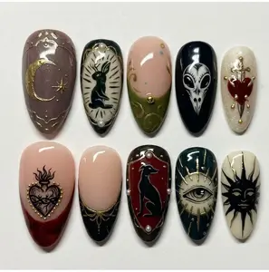 Handmade Press On Nails | Dark Gothic Mystical Art | Moon Hare, Anubis & Sacred Heart | Luxury 3D Custom Nails