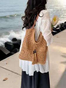 Women's Bohemian Straw Bag, Summer Beach Resort Shoulder Tote, Large Capacity, Hollow Out Design, Fringe Detail, French Style, Commute Friendly