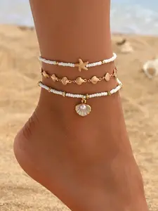 3pcs Set Summer Beach Anklets, Beaded Seashell & Starfish Pendants, Handmade Chains, Fashion Foot Jewelry for Daily Wear