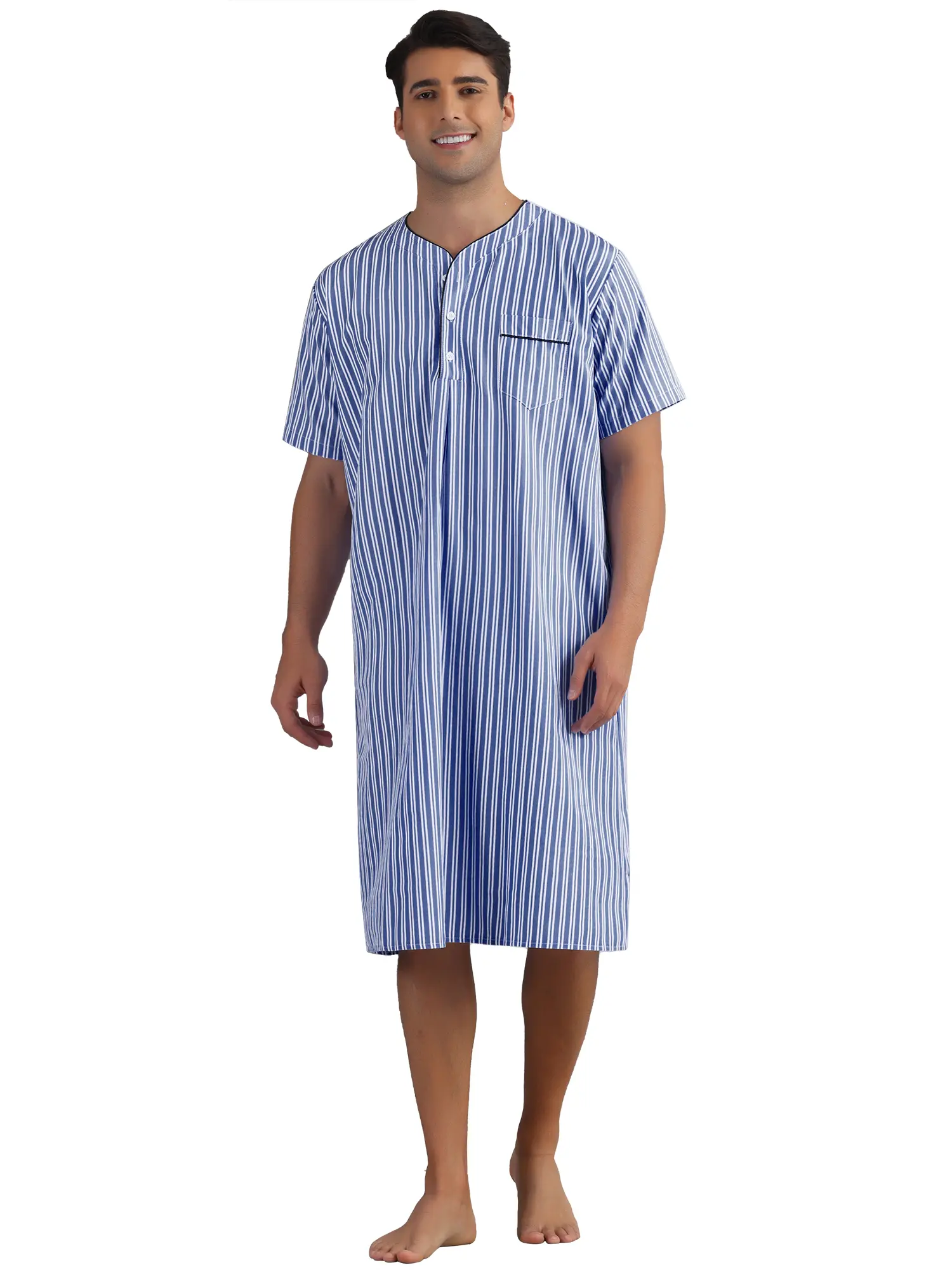INSPIRE CHIC Striped Nightshirts for Men's Short Sleeve Button Down Sleep Shirts V-Neck Stripes Nightgown