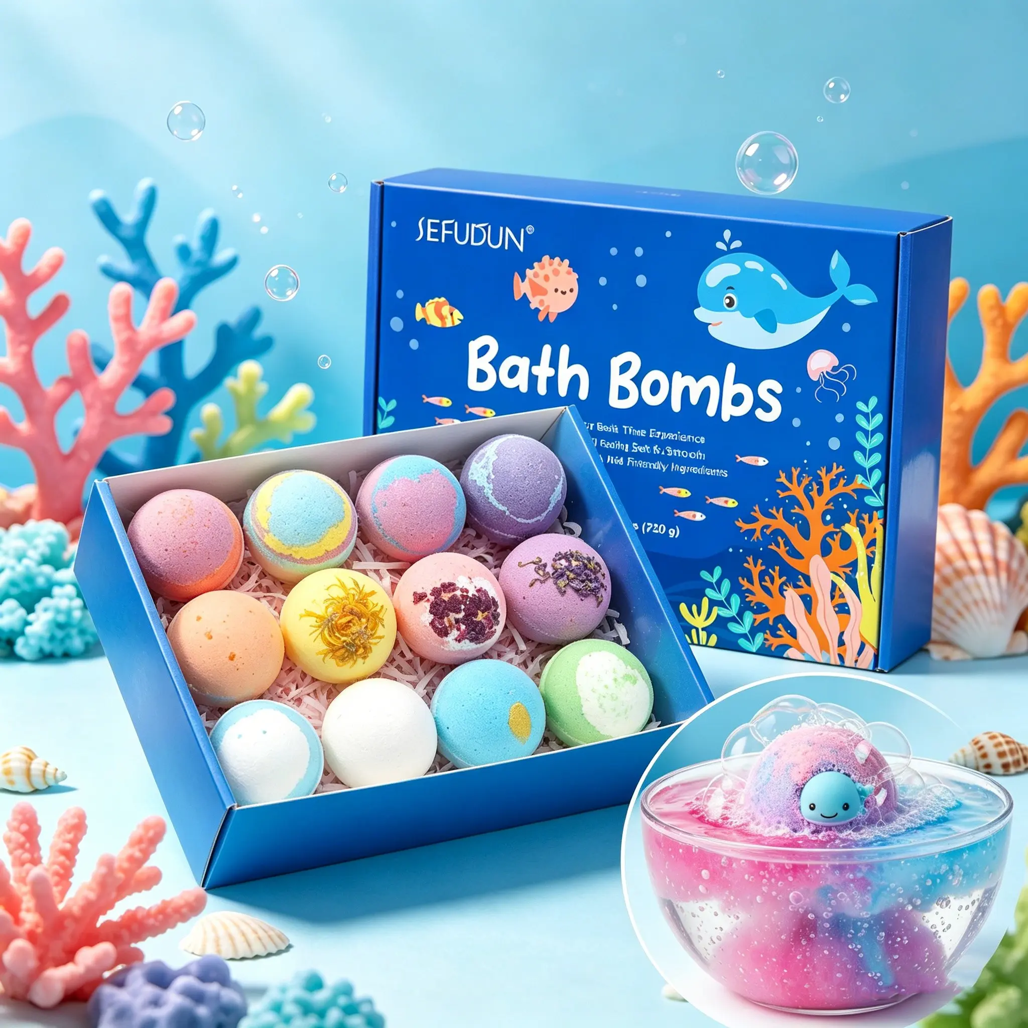 SEFUDUN Bath Bomb Set, Ocean Bath Ball, 12 pieces, featuring fun little toys and various scents, made with safe, gentle ingredients for enjoyable bath time, perfect as Children's Day gift, not suitable for under 3s