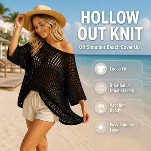 Women's Hollow Out Knit Beach Cover Up, Off Shoulder Loose Knit Sweater, Summer Crochet Pullover Blouse for Vacation