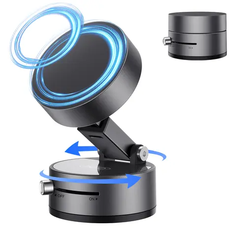Black MagSafe Snap-On Magnetic Phone Mount for Car Windows - Rubidium Magnet Vacuum Hold, 360° Rotation Flip, 270° Fold Retractable Tool-Free Suction Cup, Hands-Free Driving Car Interior Accessory