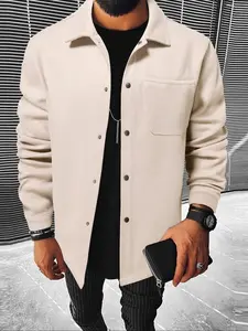 Men's Long Sleeve Casual Jacket, Button Front Jacket, Fitted Thick Fabric Coat for Fall & Winter, Plain Pattern Men's Outerwear Apparel