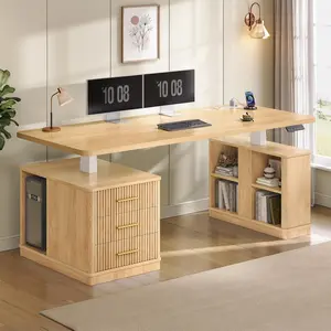 SEDETA Modern Fluted Electric Standing Desk, 63" Height Adjustable Computer Desk with 3 Drawers, Storage Shelves, Power Outlets, Wood Home Office Stand up Desk for Work, Study Multi Purpose Desk