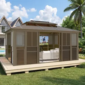12x16FT Sunroom Gazebo with Double Roof, All-Weather Solarium Kit with Adjustable Windows & Screen, Lockable Sliding Doors, UV-Protected PC Panels for Patio & Backyard, Brown