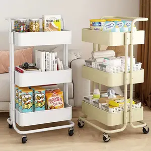 Metal Practical Cart with Wheels Snack Storage Bedroom Kitchen Organizer Shelf Movable Rack Multi-Purpose Rolling Storage Container Vegetable Basket Small Trolley