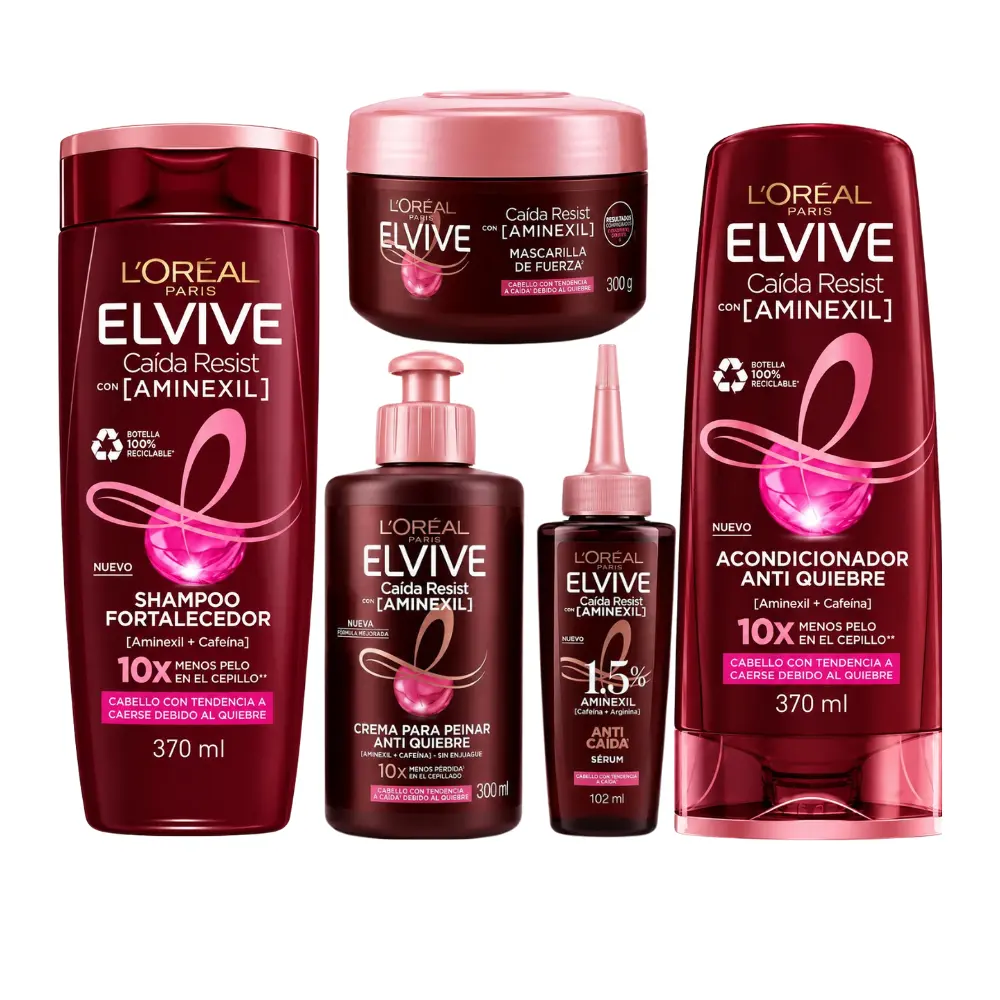 L'Oreal ELVIVE AMINEXIL 5 Piece Set | Anti Hair Falling Formula Caida Resist | Includes 1x Shampoo, 1x Conditioner, 1x Hair Cream, 1x Scalp Serum, 1x Hair Mask | For Healthier, Stronger Hair with Less Breakage