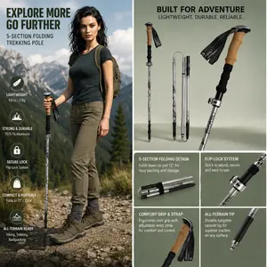 Ultra-Lightweight Folding Trekking Pole (Folding Pole) - High-Strength 7075 Aircraft-Grade Aluminum Shaft, Genuine Cork Handle, Adjustable 110cm-125cm Height, Convenient Storage for Camping & Hiking