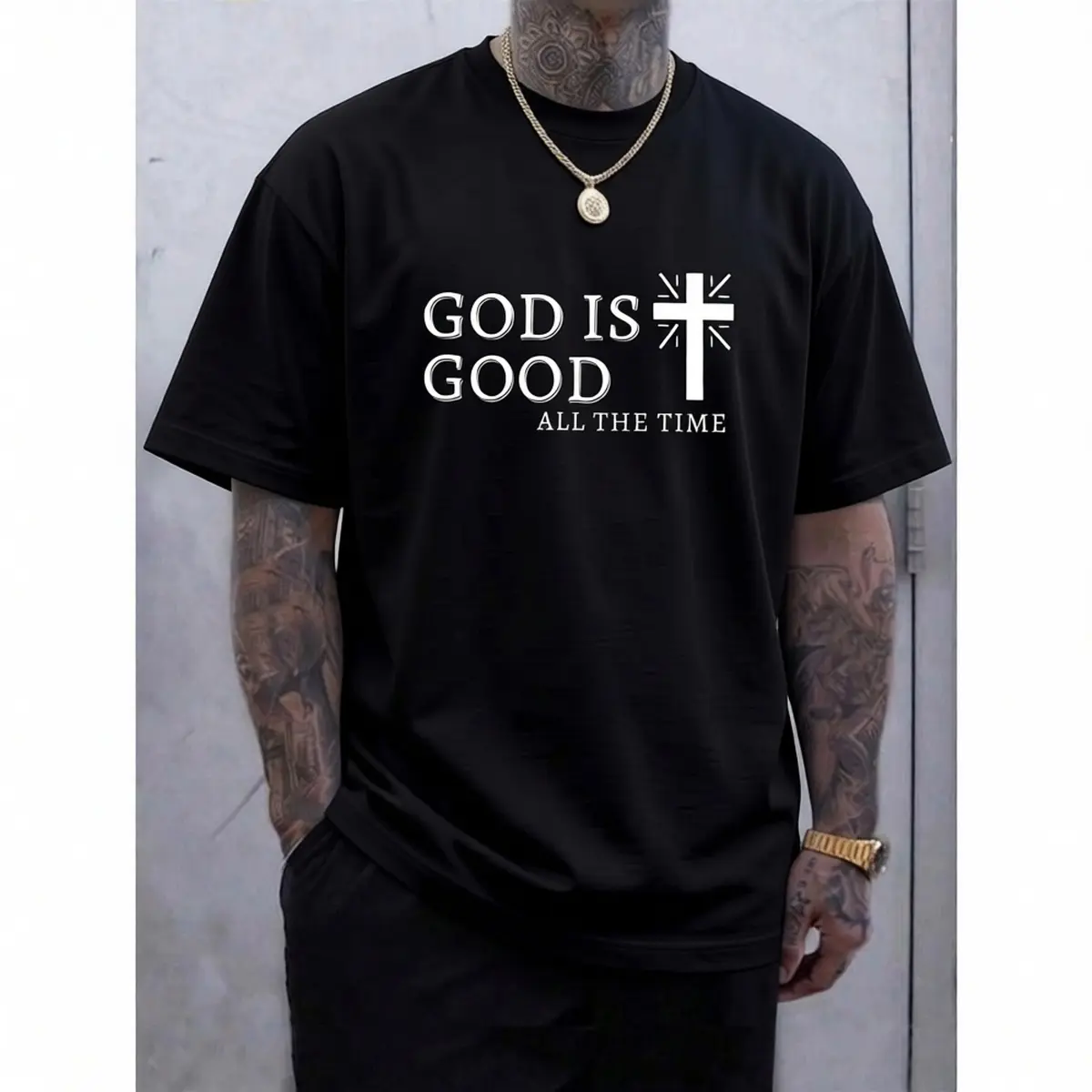 Men's Chic Streetwear T-Shirt with Cross & Slogan Graphic, Soft 100% Cotton Short Sleeve Round Neck Casual Top for Summer
