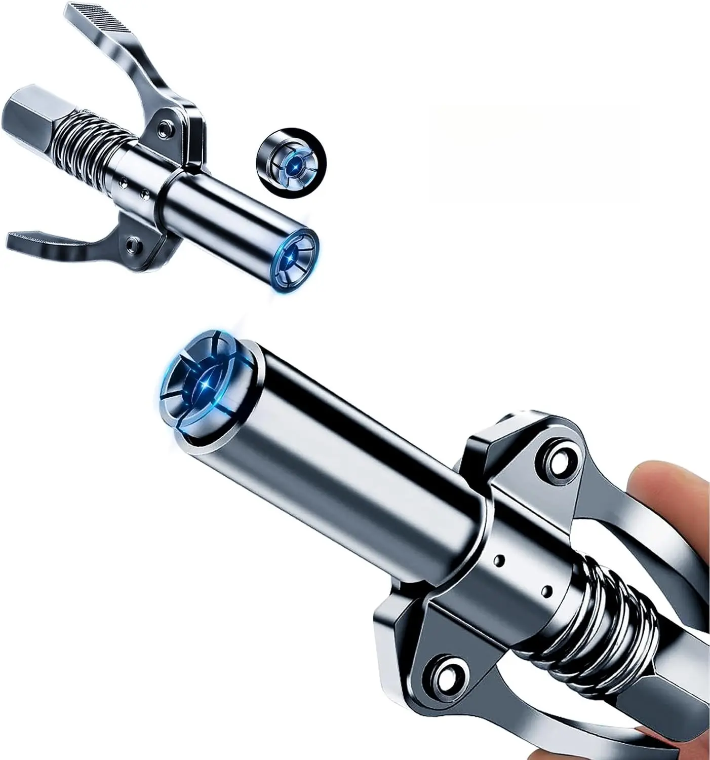 Double Handle Grease Gun Coupler 10000 PSI, Quick Lock & Release, with 12" Spring Flex Hose, Fits All Grease Guns 1/8" NPT, Heavy Duty Grease Tip, 1PC