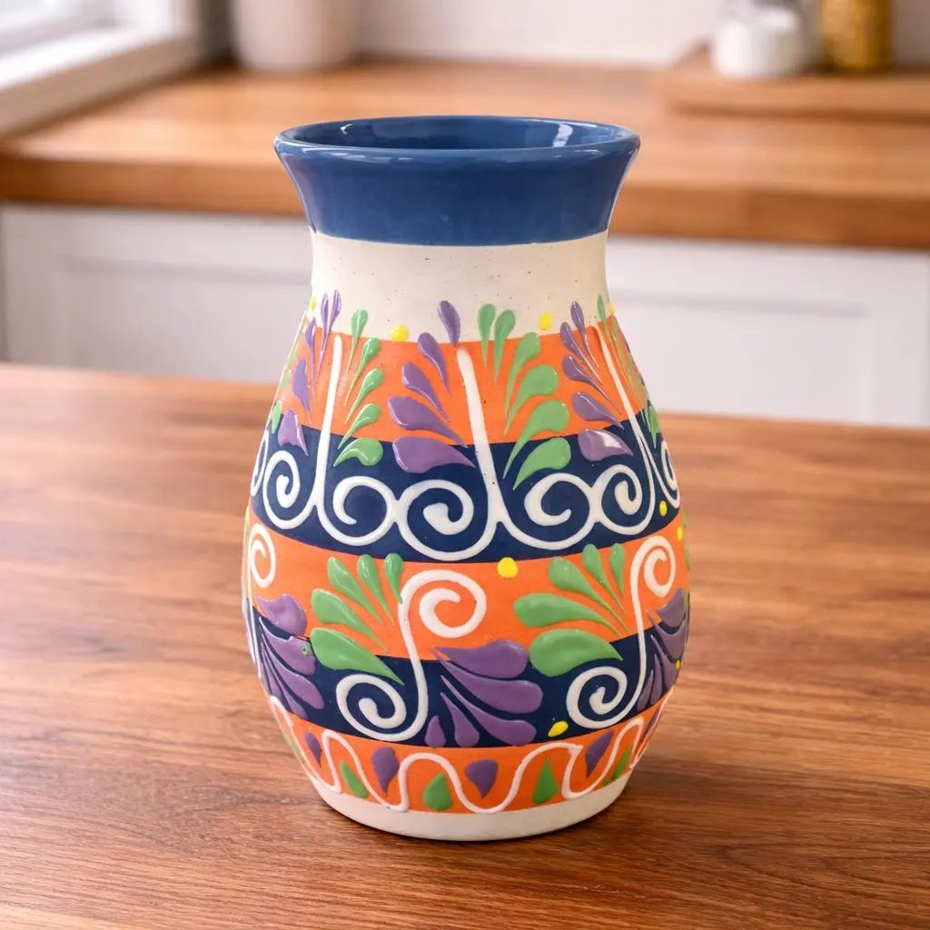 Talavera Style Vase, Mexican Pottery Flower Vase, Colorful Ceramic Decor, Boho Farmhouse Kitchen Centerpiece