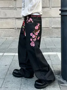 UPTHE Y2K Men's Wide-Leg Jeans Cherry Blossom Embroidered Distressed Baggy Jeans