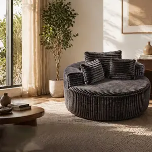 55 Inch Oversized Round Modular Chaise Lounge Sofa, Corduroy Upholstered Circular Armless Leisure Sofa with 3 Pillows, Deep Soft Seat Stylish Relax Sofa for Living Room Bedroom Apartment Indoor Daily Use