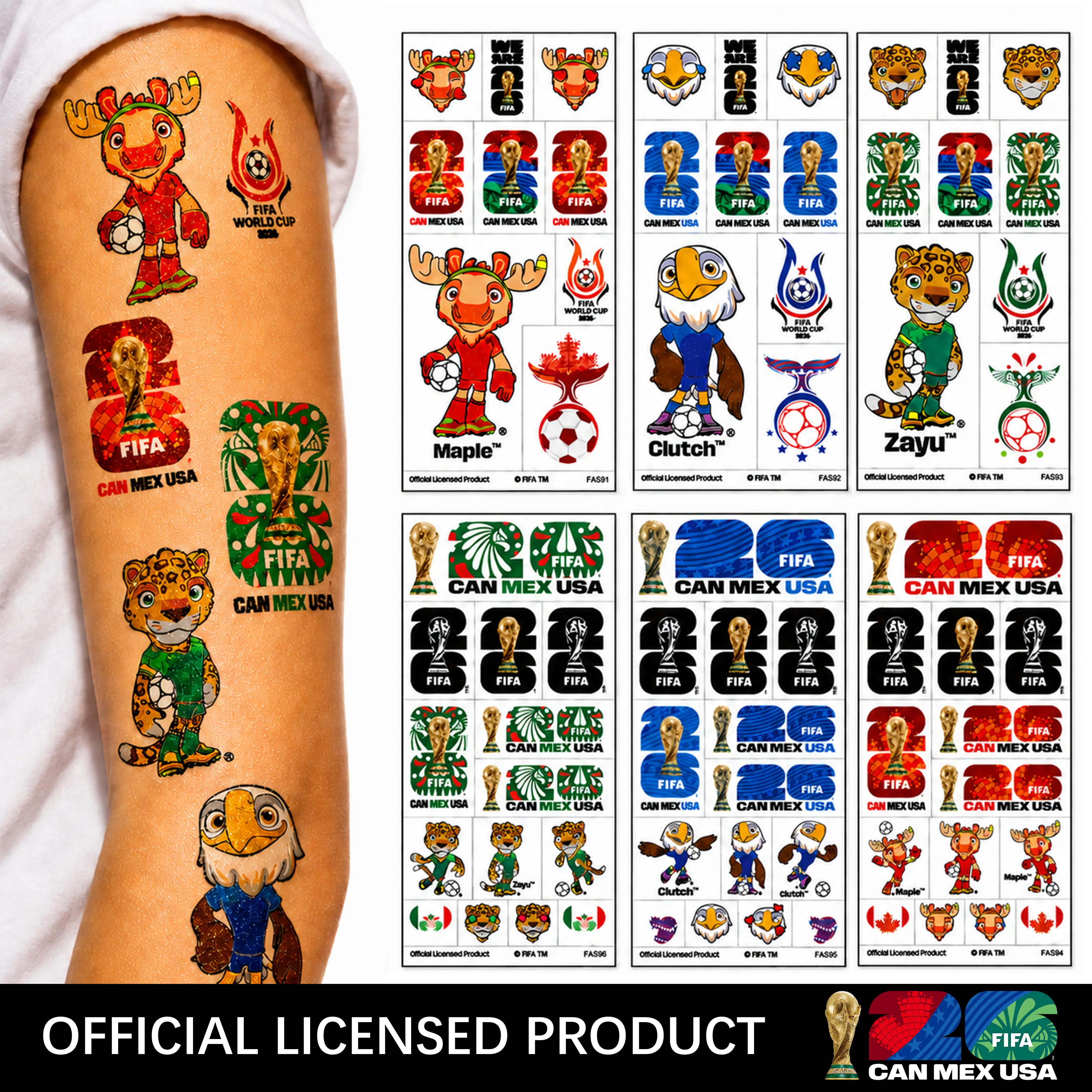 FIFA Mascot Glitter Tattoo 6 Individually Wrapped Sheets Stickers for Kids Adults, Waterproof Temporary Tattoos for Boys Girls Soccer Fans and Game Day Parties summerwins