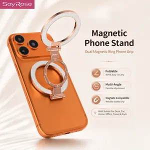 Magnetic Phone Stand, Dual Magnetic Ring Phone Grip, Foldable 360° Rotating MagSafe Compatible Stand, Phone Accessory for Desk, Car, Home, Office, Travel and Gym