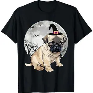 Scary Pug Dog Witch Hat Halloween T-Shirt