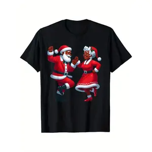 Festive Santa & Mrs. Claus Dance Graphic T-Shirt - Casual Round Neck, 100% Cotton, Slight Stretch, Black with Colorful Holiday Design, Sizes Shortsleeve Classic Clothes Fabric