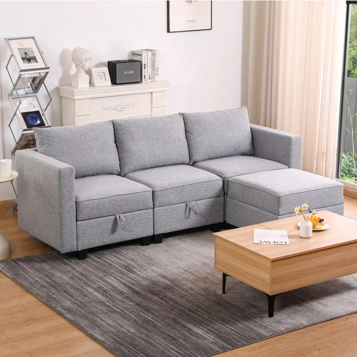 Light Grey Burlap 4-Seat Modular L-Shaped Small Sectional Sofa with Armrest, Convertible Storage Chaise Ottoman, 87.00x57.00x29.00 in, 175 lbs Capacity, Customized Service, 20.5x20.5x6 in, 26x26x16.2 in & 30.3x24.8x11 in Components
