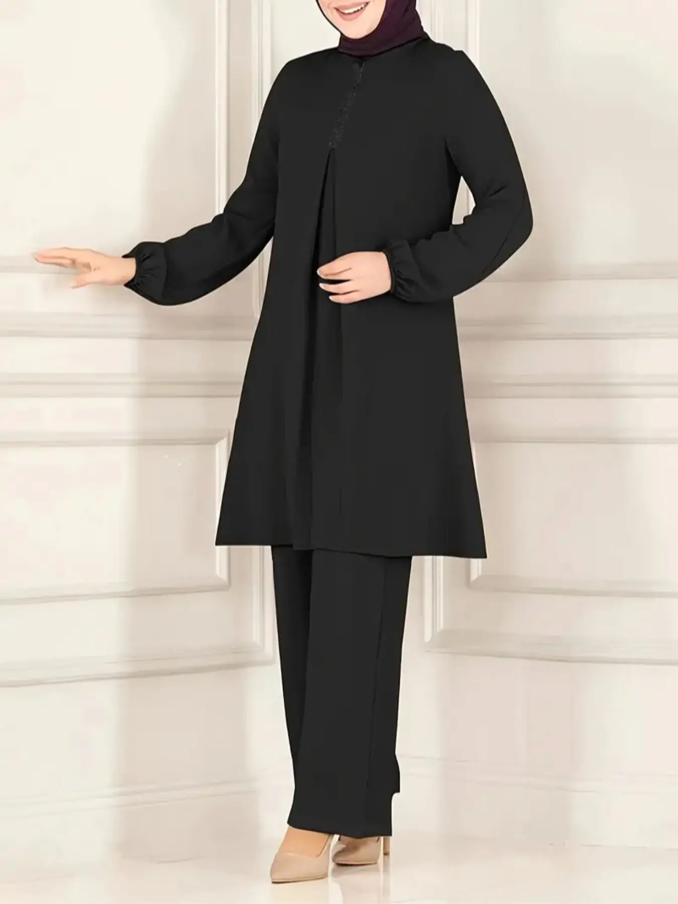 Women's Solid Contrast Sequin Long Sleeve Round Neck Top & Straight Leg Pants Two-piece Set, Elegant Fashion Casual Top & Trousers for Daily Outdoor W