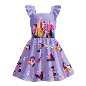 Girls's 3D Print Cartoon Character Short Sleeve Dress with Crew Neck and Slight Stretch Fabric, Perfect for Princess Parties or Casual Summer Wear.