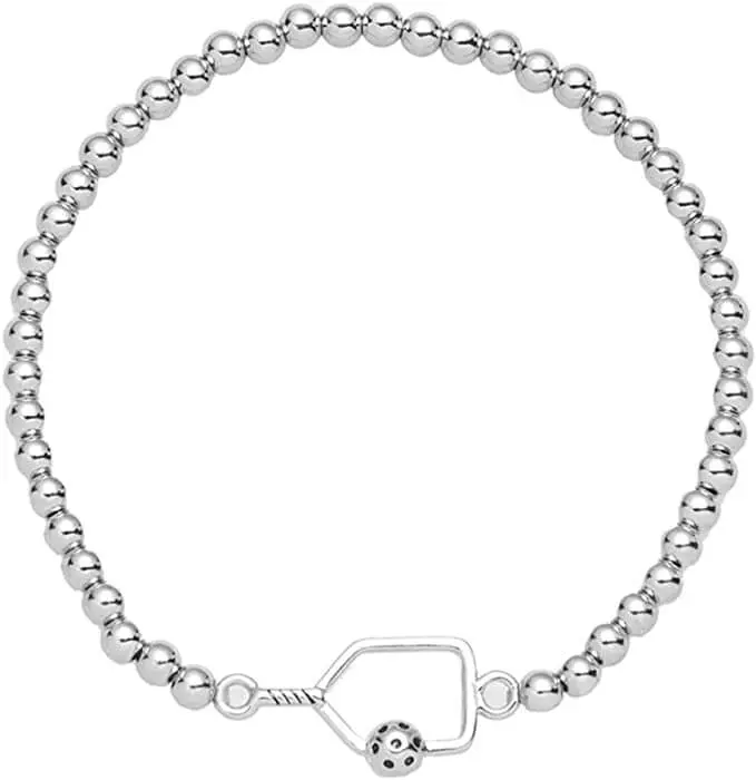 Pickleball Beaded Stretch Bracelet -Silver
