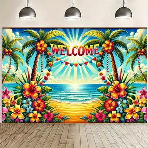 243.84x182.88cm Tropical Beach Welcome Wall Decor Banner - Vibrant Polyester Backdrop with Palm Trees, Flowers & Ocean View for Indoor/Outdoor Party Decor, Photography Background, Live Streaming & Celebration