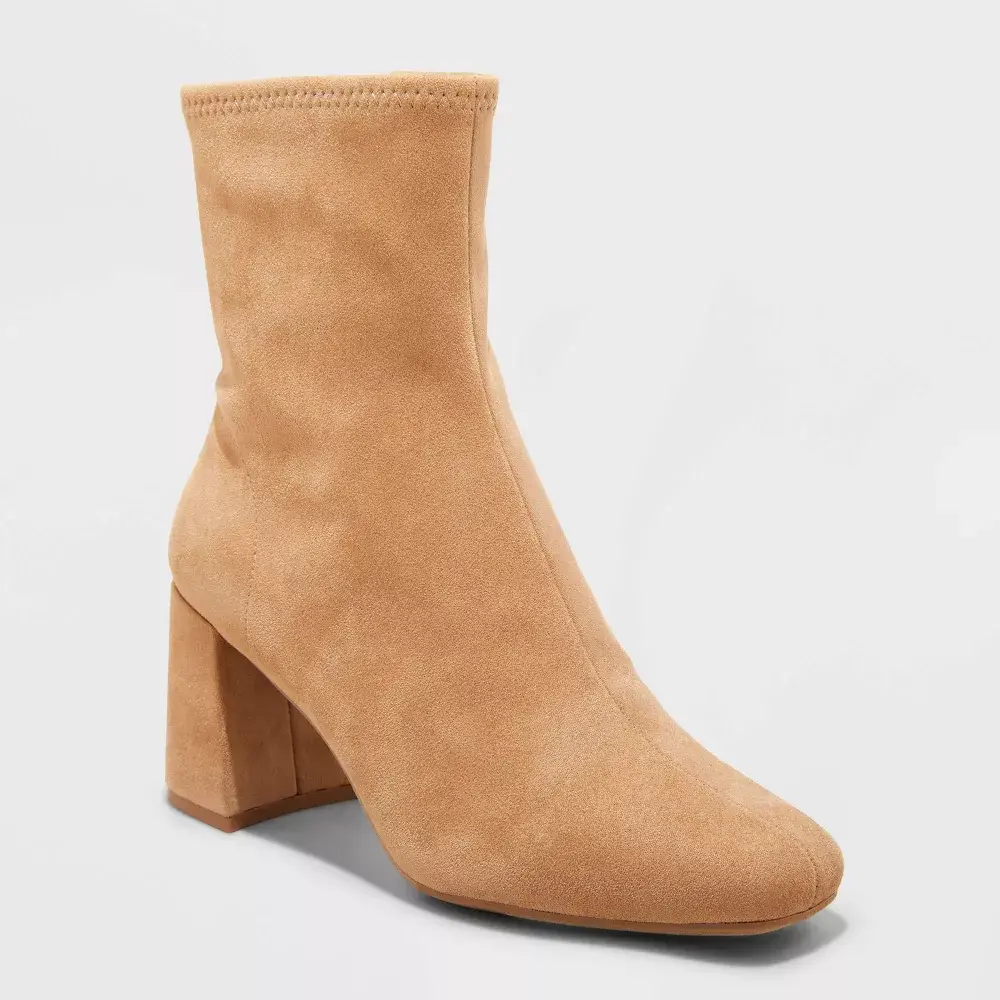 Women's Pippa Stretch Ankle Boots - A New Day Taupe 11: Zipper Closure Block Heel Cushioned Insole