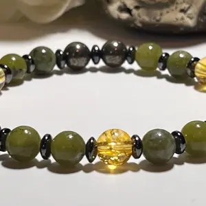 All Natural Taiwan Jade, Citrine, Pyrite, with hematite spacers. 6mm shown also available in 8mm Grade 5A