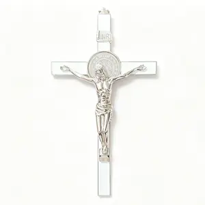 Saint Benedict Crucifix Wall Cross - 9 Inch Silver Metal White Enamel Catholic Crucifix with Jesus Christ, INRI Sign and Double Sided St Benedict Medal for Home Wall Decor, Religious Gift, Religious Ornament