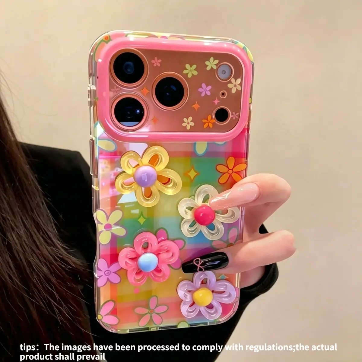 Koolife Dopamine Rainbow Plaid Phone Case, TPU Smartphone Casing, 3D Flower Decor PC+TPU Dual-Layer Shockproof Cover for iPhone 17/17Pro/17ProMax/16/15/14/13/12/11 Series, Y2K Sweet Girl Ins Style Cute Protective Casing