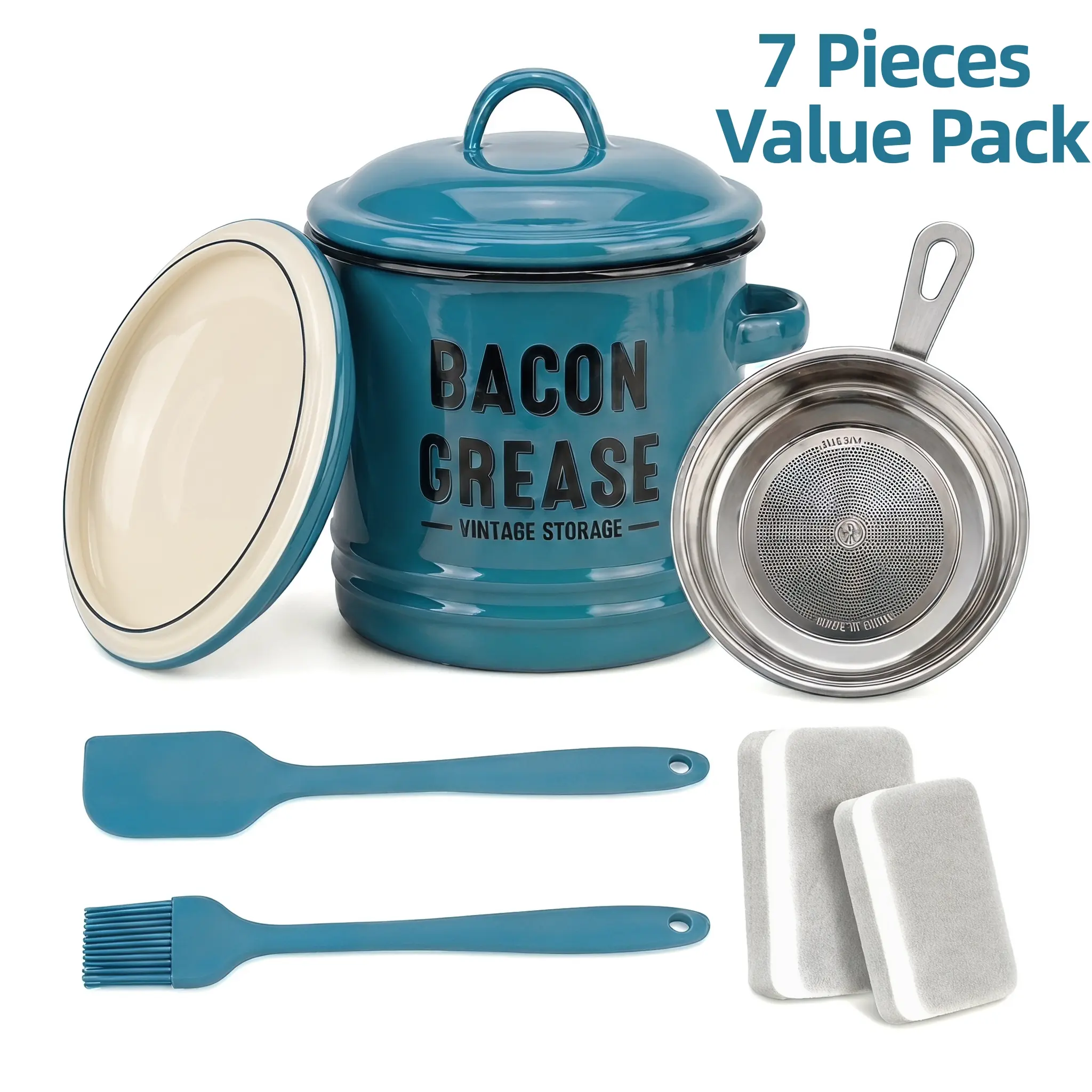 Teal 46oz (1360ml) Retro Rustic Farmhouse Bacon Grease Oil Dispenser with Strainer Set - Vintage Enamel Kitchen Storage Can, Food-Grade Silicone Utensils/Sponges Holder, Heat-Resistant, Ideal for Housewarming Gifts