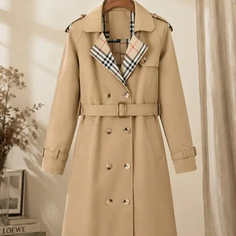 New autumn women's loose long coat featuring a double-breasted design, turn-down collar with plaid lining, and an adjustable waist belt that cinches the figure.Loose fit—we recommend ordering one size down. sohochic