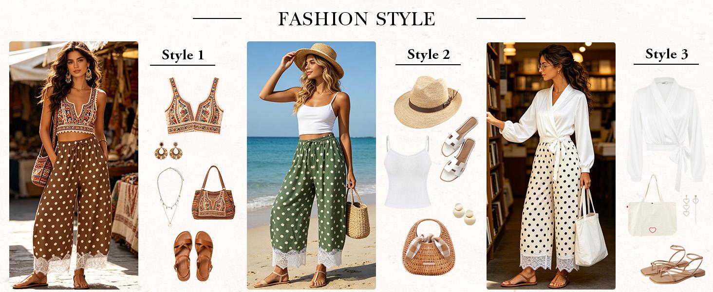 UANEO Womens Polka Dot Wide Leg Palazzo Pants High Waisted Summer Lace Trim Cropped Baggy Trousers with Pockets