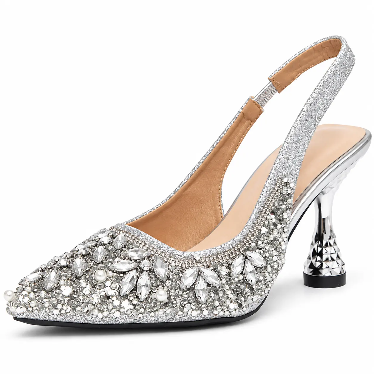 Women's Sparkly Rhinestone Slingback Pumps, 3.15in Metallic Heel Pointed Toe Bridal Shoes, Silver & Champagne Wedding Holiday Party Heels
