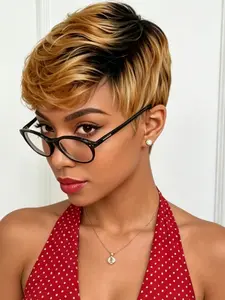 Short Layered Pixie Wig Human Hair Honey Blonde Mix Black Straight Glueless Wig with Bangs for Women