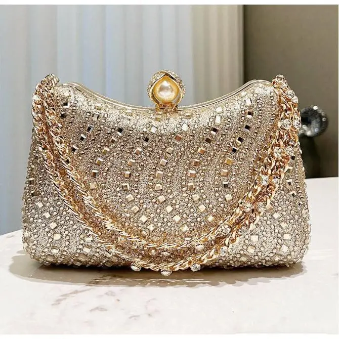 Fine Rhinestone Diamond Inlay Dinner Evening Bag Retro Luxury Gold Silver Blue Small Clutch For Women Wedding Party Shoulder Bag