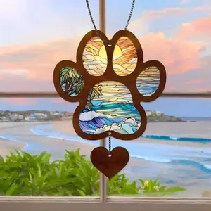 Heart-Shaped Sun Catcher Hanging Ornament, Acrylic Painted Glass Art, Paw Print Pattern, Vibrant Sunset Colors, Memorial Gift for Pets