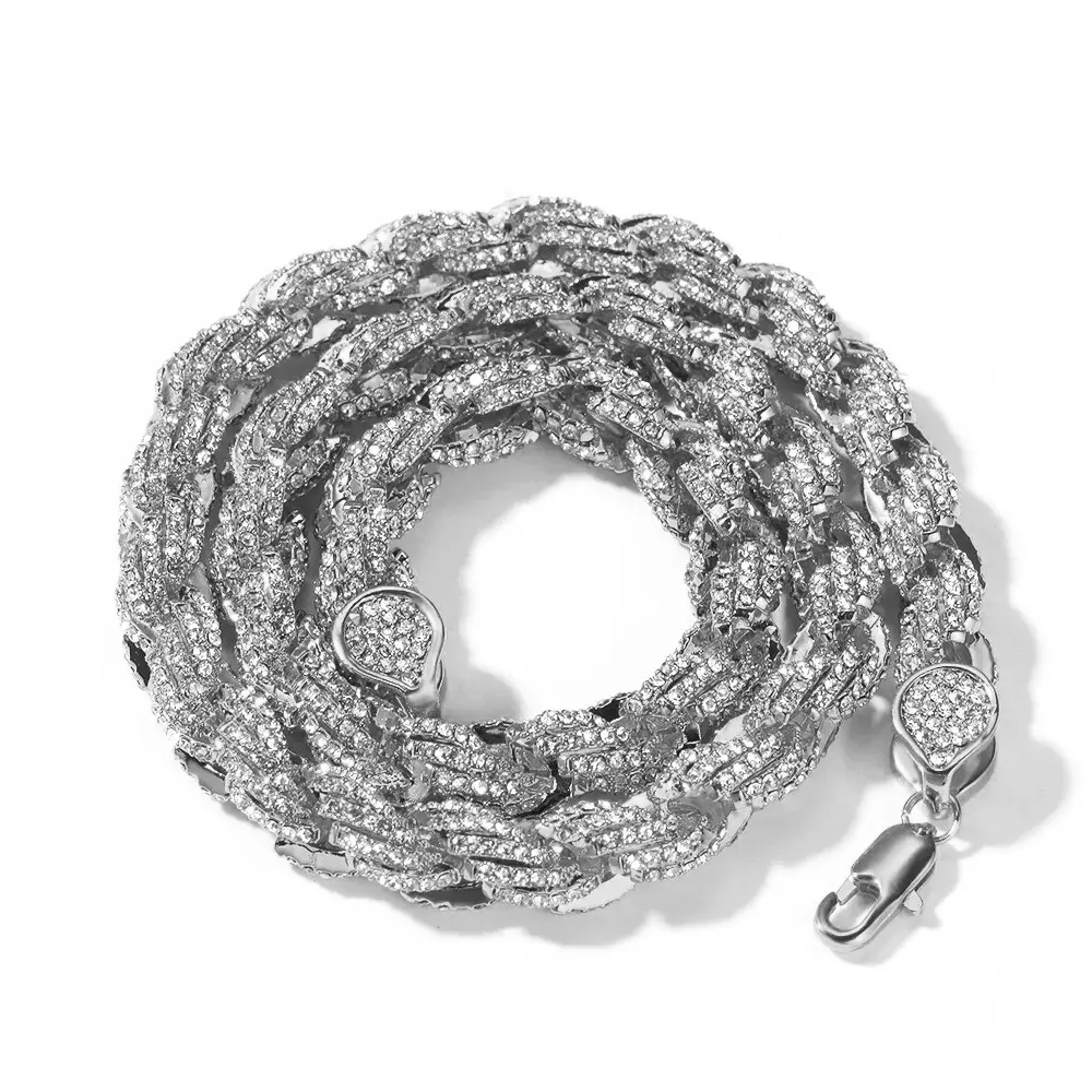 Men's 9mm Iced Cubic Zirconia Chunky Rope Cuban Chain Necklace, 18/20/22/24in (24in-142g), Rose Gold/Silver Plated Bling Hip Hop Jewelry, Birthday Gift Accessory, Chunky Necklace, Bling Chain, Cuban Rope Chain