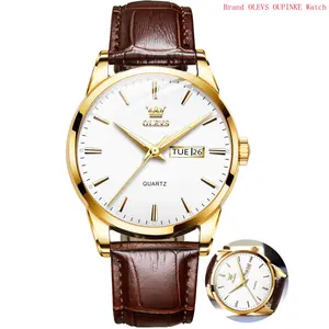 Brand OLEVS Mens Watches,Brown Leather Watch for Men,Gold Case Analog Quartz Fashion Business Dress Watch Day Date Luminous Waterproof Casual Male Wrist Watches Reloj para Hombre