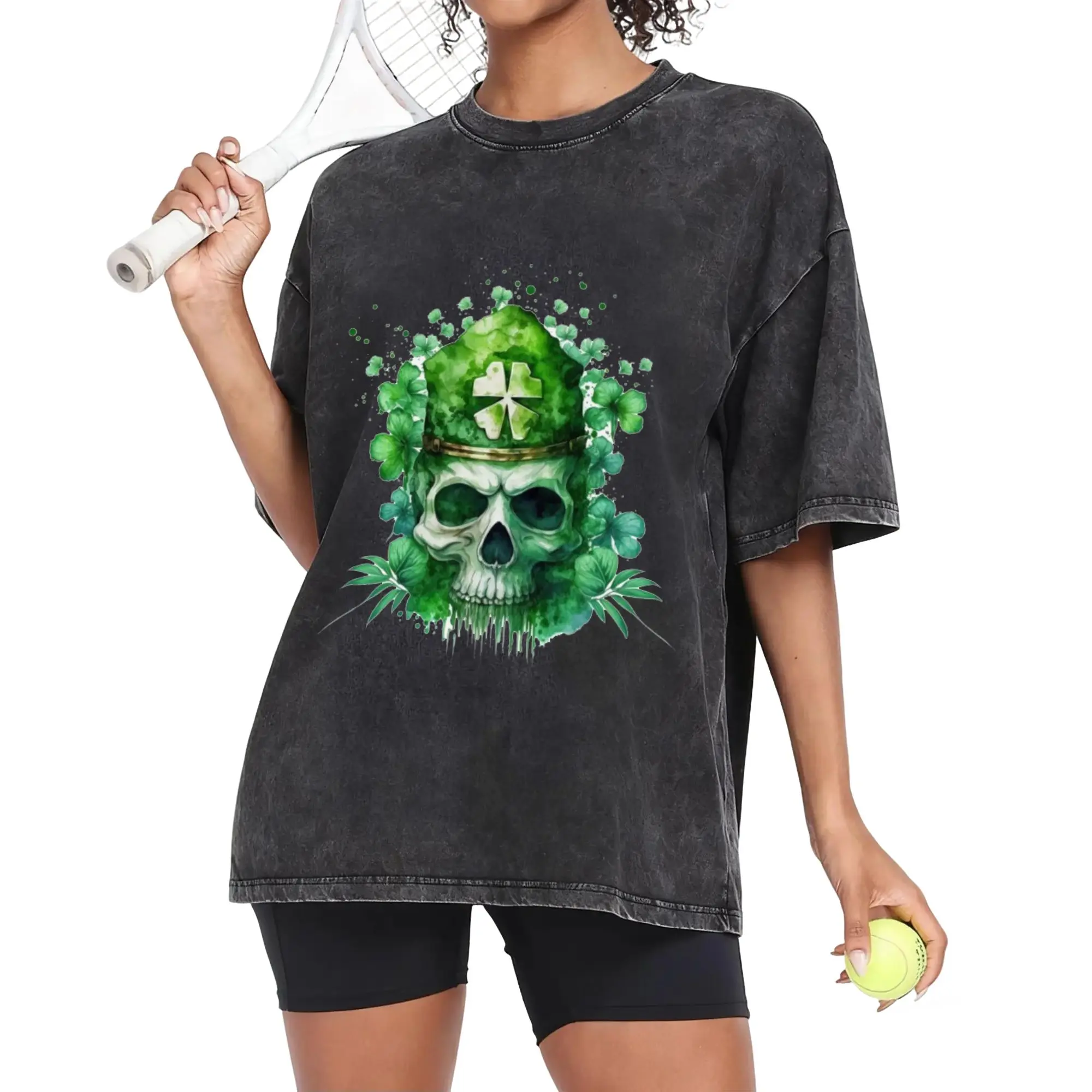Women's St. Patrick's Day T-Shirt, Vintage Washed Oversized Skeleton Graphic Tee, Gothic Streetwear Party Top for Spring, Tshirt