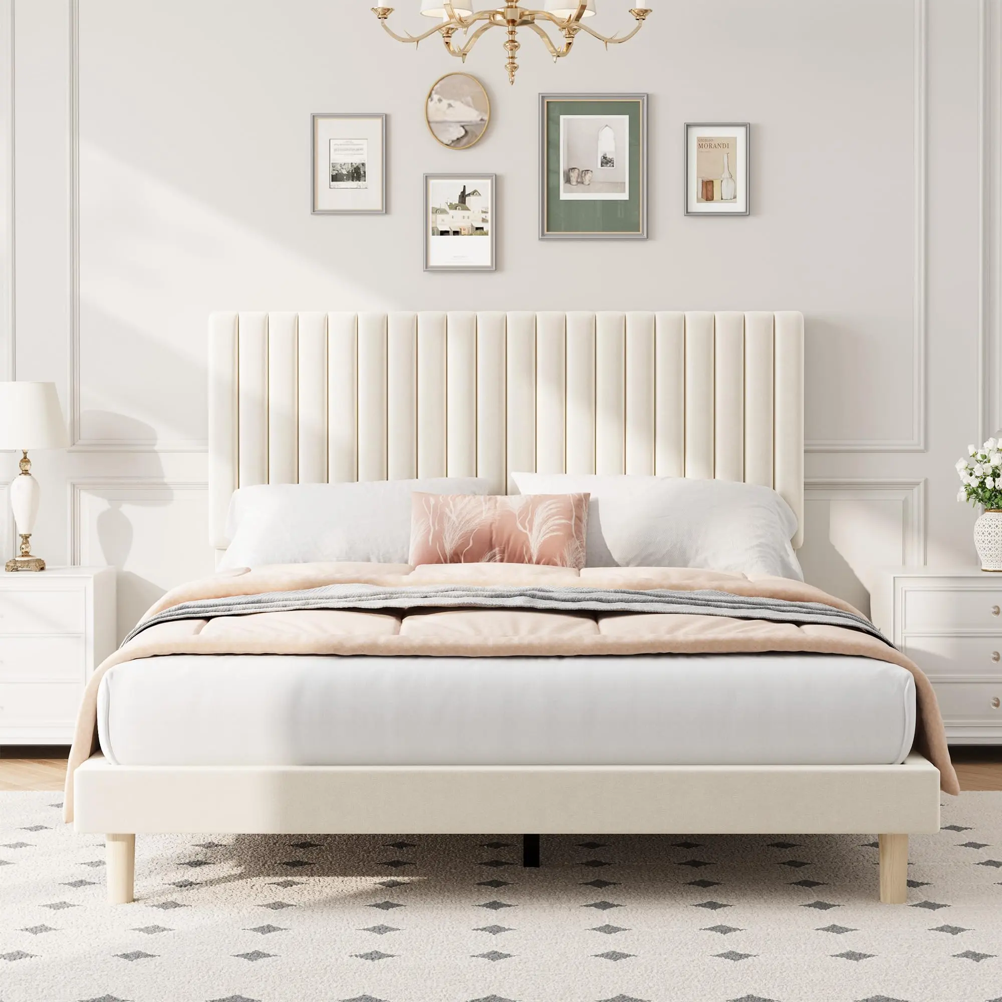 💖Luxury Velvet Bed Frame! Vertical Channel Tufted Adjustable Headboard, Sturdy Wood Slats (No Box Spring)