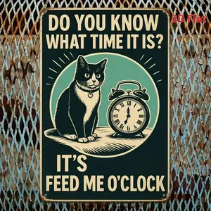 2D Flat, 1pc 2D Flat Rectangular Iron Decorative Sign, Non-Electronic Not Real Clock, Humorous Pet Cat Theme, Reminder of Cats, Iron 20*30cm (8*12 Inch), Perfect Suitable for metal wall sign Vintage Metal Tin Sign home decor plaque funny bar sign