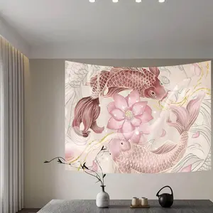Chic Koi & Pink for Lotus Tapestry - Japanese-Inspired Wall Art, Washable Polyester, Perfect for Living Room, Dorm Decor - Includes Free Installation Kit 60X40