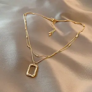 Layered Square Pendant Necklace  Double Chain Choker