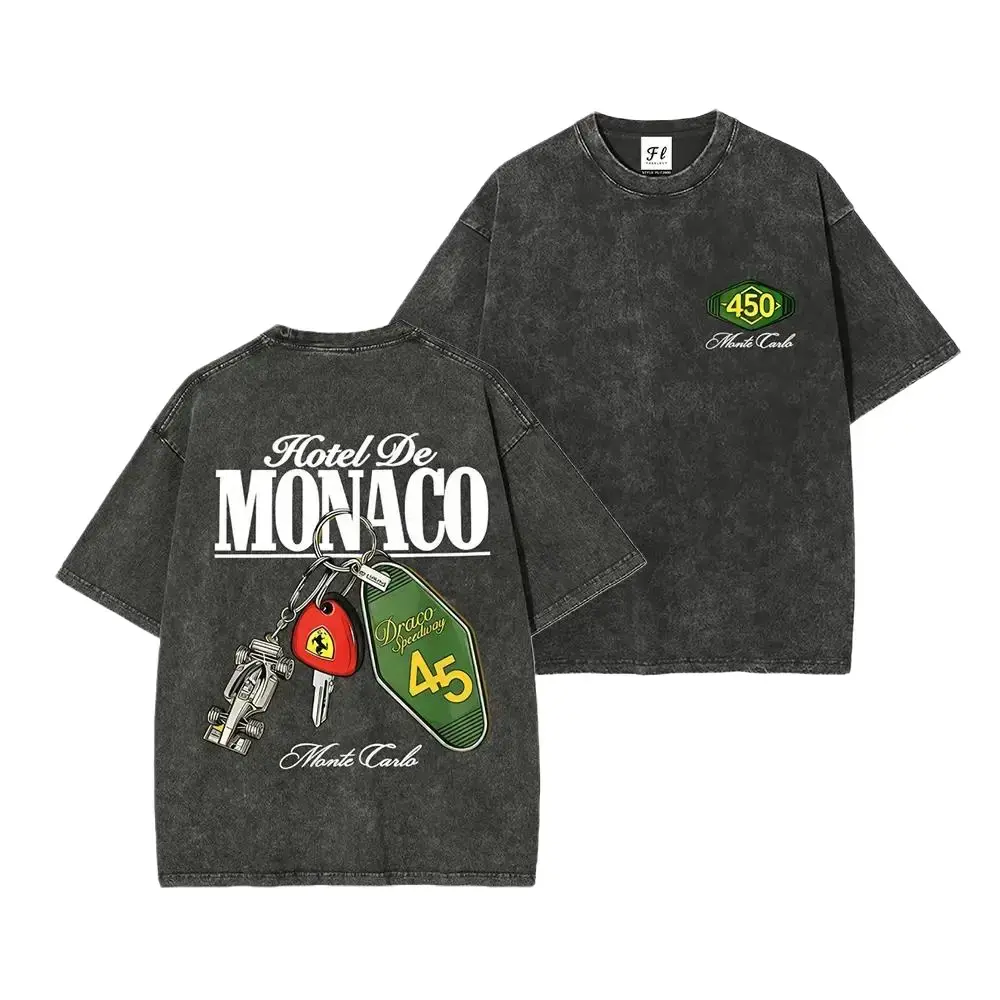 Vintage Racing Graphic Tee Acid Wash Oversized Unisex Streetwear T-Shirt for Men Women Y2K Car Aesthetic Retro Monaco Hotel Keys Faded Short Sleeve Top Casual Trendy Outfit Motorsport Lover Apparel Harajuku Style Trendy E-Boy Fit Fashion Top Shirts