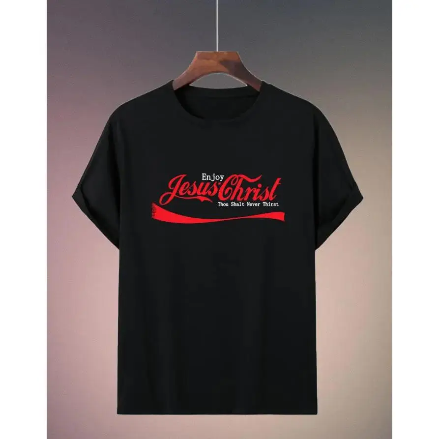 Clever Faith & Pop Culture Mashup Top - 'Enjoy Jesus’ in Vintage Soda Script for a Thought-Conversation Street Style,Four-season casual short-sleeved T-shirt, sports T-shirt, sport and casual wear, home and casual wear.