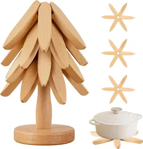 Natural Tree Trivet Set – 4 Pcs Solid Wood Trivets with 1 Storage Stand, Heat Resistant Foldable Tree Shape Design, Durable Anti-Scald Hot Pads for Hot Dishes, Pots, Bowls, Teapots & Kitchen Tableware